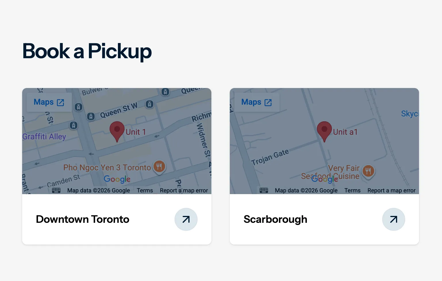 Book a pickup dialog showing Downtown Toronto and Scarborough store options